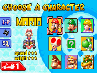 In Mario Kart: Super Circuit kan je kiezen tussen 8 personages verdeelt in 3 gewichtsklassen.