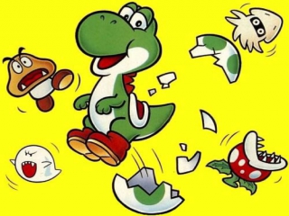 Het hoofdpersonage in dit spel is de schattige groene dinosaurus Yoshi.