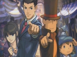 Phoenix Wright en Hershel Layton met hun assistenten Maya en Luke.